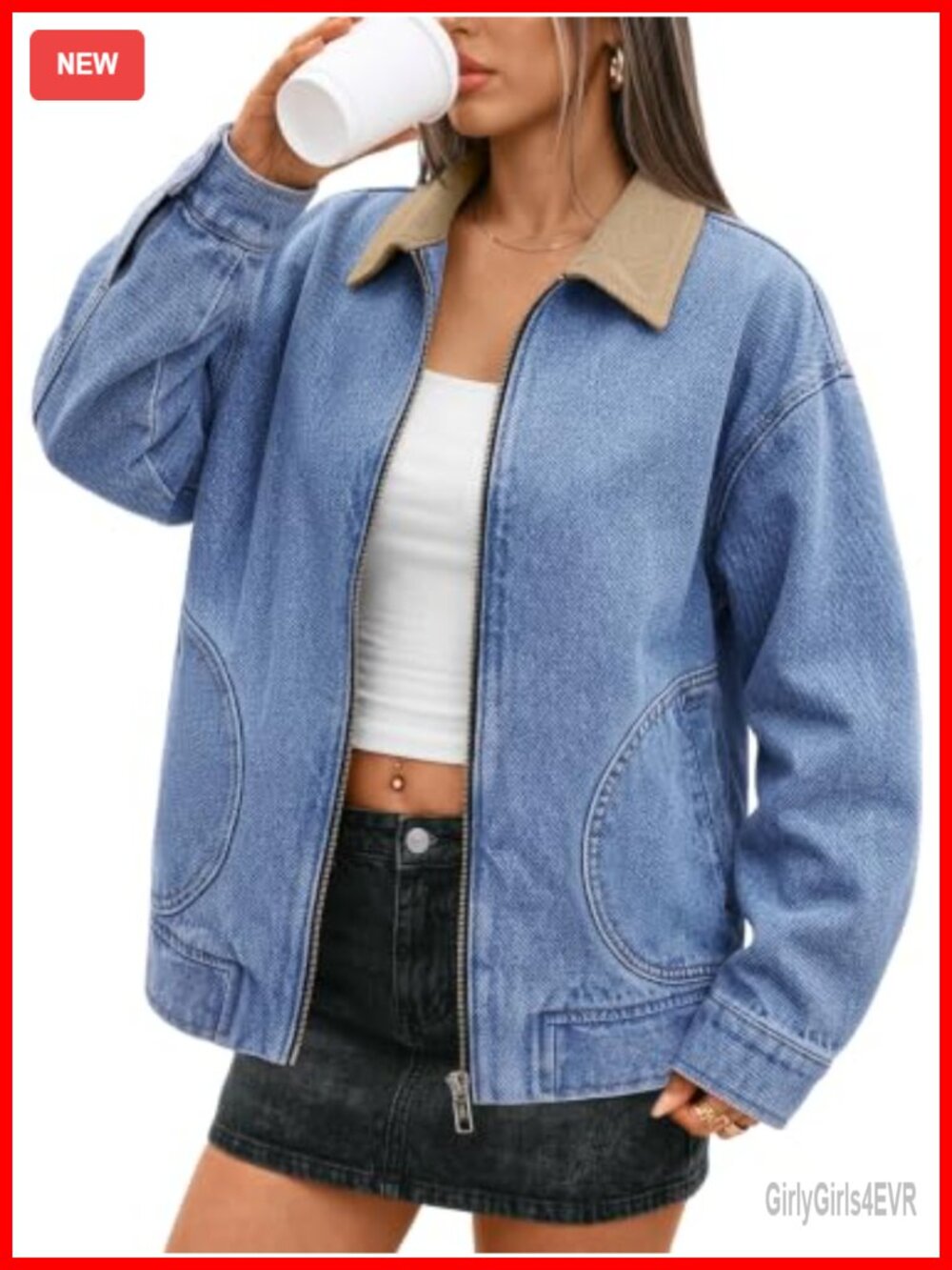Oversized 100% Cotton Denim Barn Jacket Zip Front Corduroy Collar